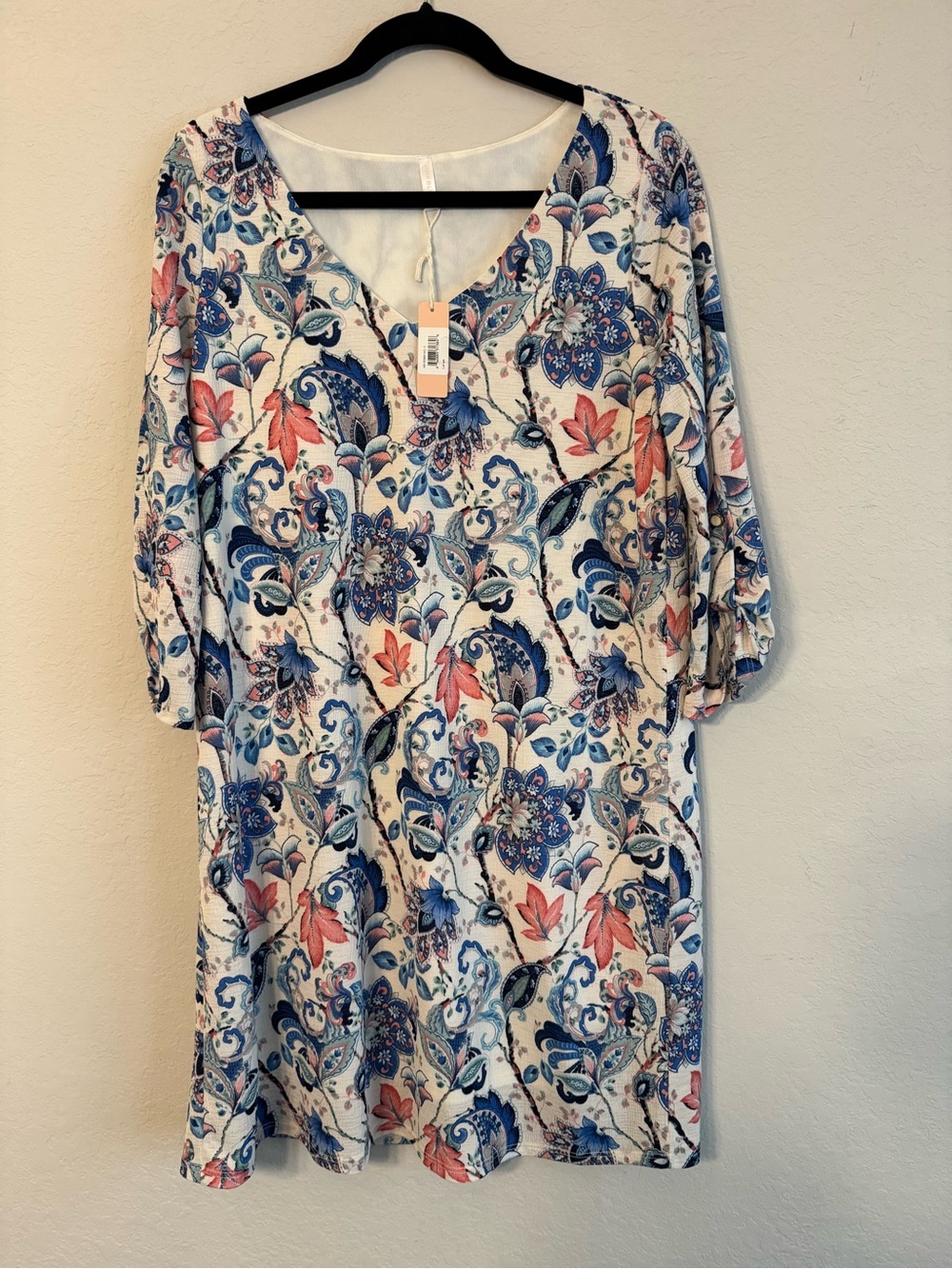 Pink Blush Floral V-Neck Shift Dress in Blue & Pink